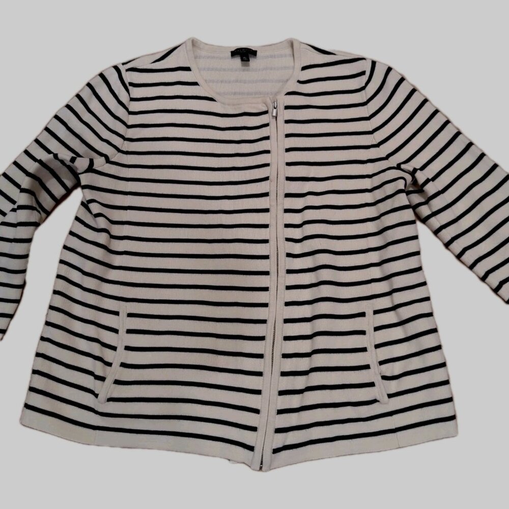 Talbots Petite Striped Full Zip Black Ivory Size PM Top -32lp